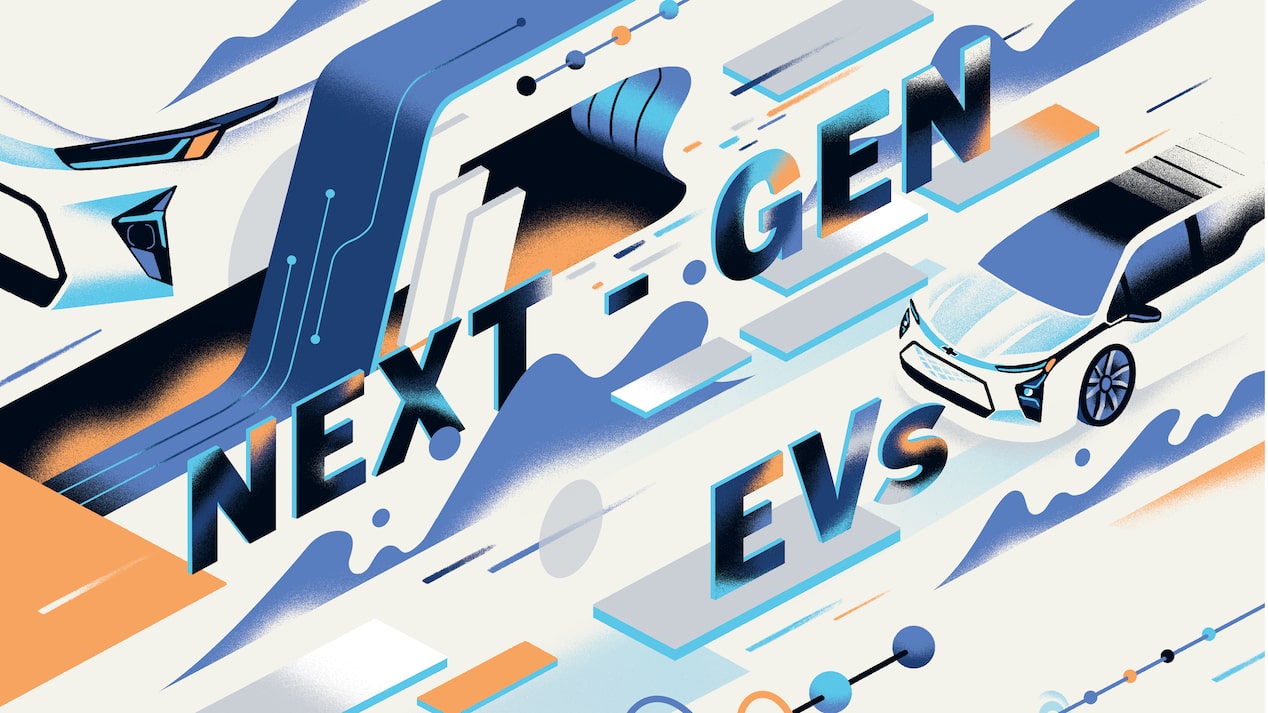 An illustration of an electric vehicle on a futuristic background and the words "Next-Gen EVs."