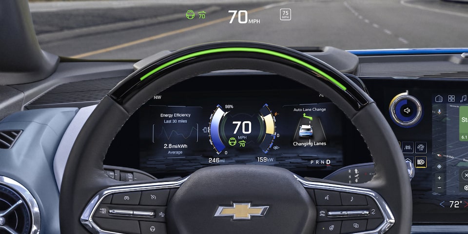 Driver's POV of the Steering Wheel and Speedometer in a 2025 Chevrolet EV