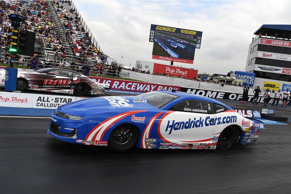 Greg Anderson (near lane) took his 100th Pro Stock victory in an all-Camaro SS final with teammate Dallas Glenn.