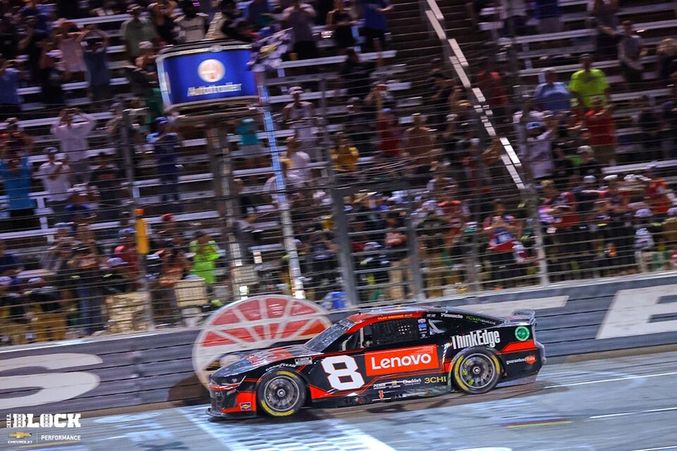 Team Chevy driver Tyler Reddick takes the checkered flag in his Camaro ZL1 at Texas Motor Speedway.