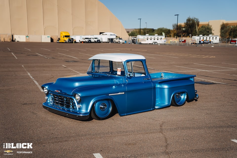 Travis Sanchez's 1955 Chevrolet 3100 utilizes a classic body and a modern Chevy truck chassis.