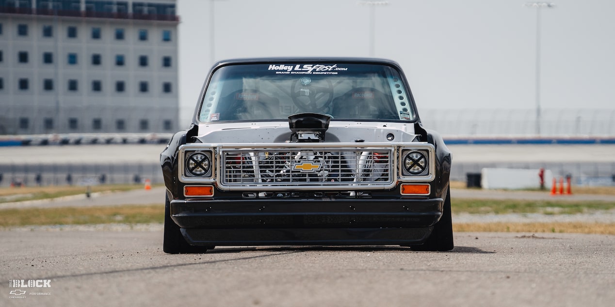 Front View of a 1987 Chevy R10 Truck with Racing Autocross Decals