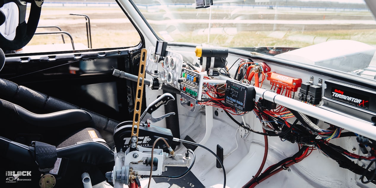 The truck’s interior is built for racing.