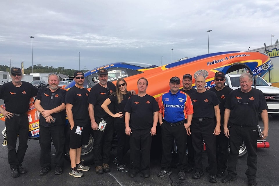 Although he is totally blind, Jay Blake (center) serves as owner and crew chief for Follow a Dream Race Team – a Top Alcohol Funny Car program.